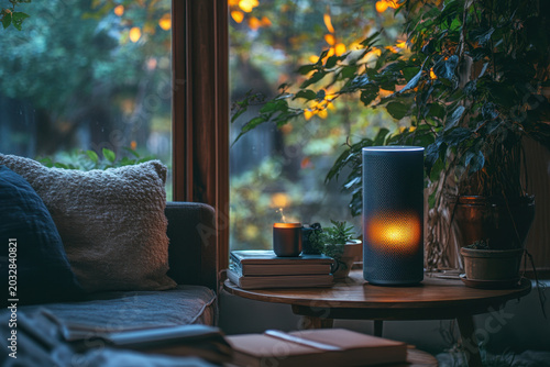 Smart speaker on table near window.