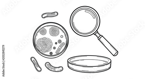 Foto Microbiology illustration petri dish bacteria and magnifying glass line art