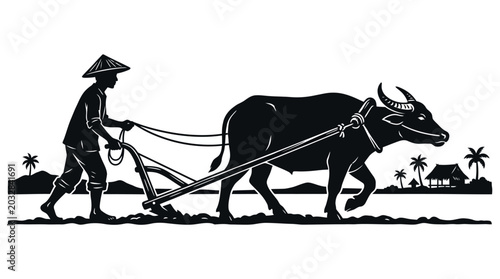 Photos A silhouette illustration of a farmer plowing a field with a water buffalo