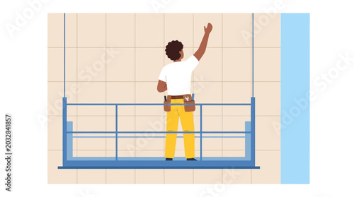 Canvastavla A construction worker standing on a suspended scaffolding platform reaching up to work on a wall