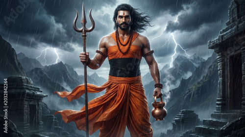 Machindranath standing powerfully amidst violent thunderstorm and lightning above ancient ruins illustrative wallpaper