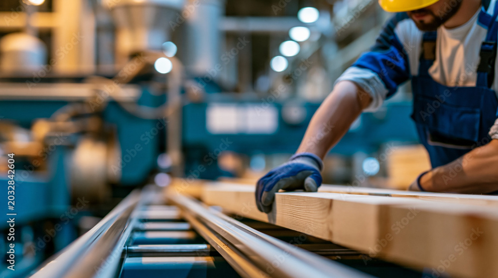 Fototapeta premium Worker operating machinery on an active sawmill production floor, timber cutting and wood processing concept, industrial sawmill operation, faceless, figure and equipment only
