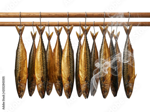 Smoked Fish Hanging on Wooden Rack