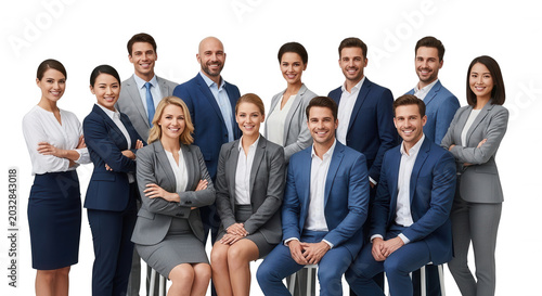 A diverse group of eleven business professionals in formal suits standing and sitting together against a solid black background