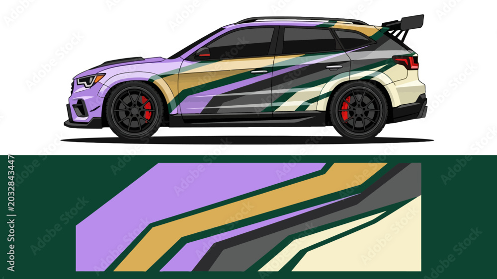 Fototapeta premium Colorful race car with abstract graphic livery and futuristic design motifs.