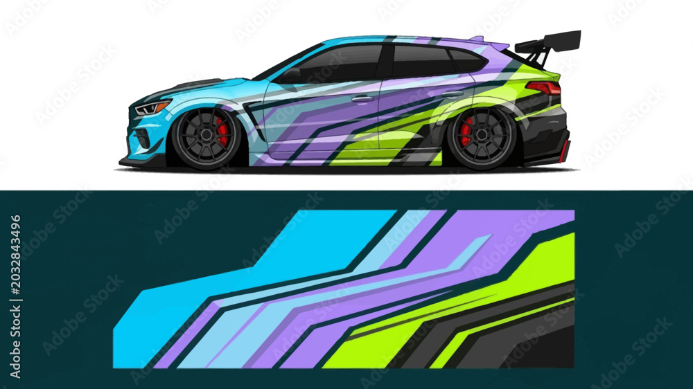 Fototapeta premium Vibrant geometric race car wrap design with bold colors and dynamic lines.