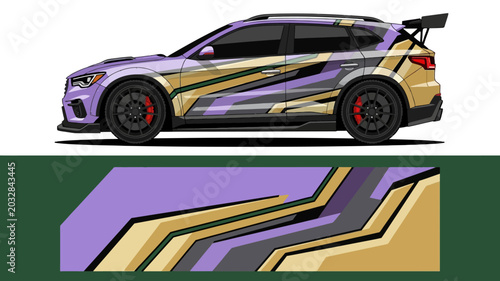 Fotografía Vibrant Purple and Gold Wrapped Race Car with Bold Stripes and Spoiler, Dynamic Automotive Artwork
