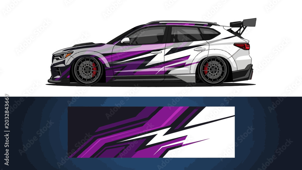 Naklejka premium Sleek purple race car with bold white graphics and high performance design on a race track.