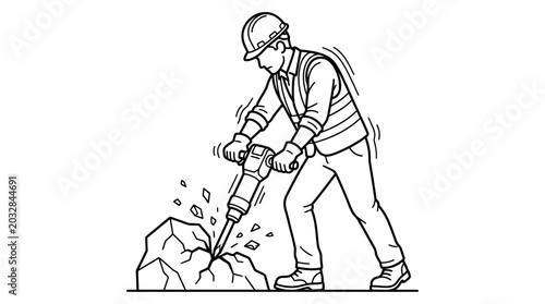 Photos A construction worker operating a heavy jackhammer to break apart concrete on a job site