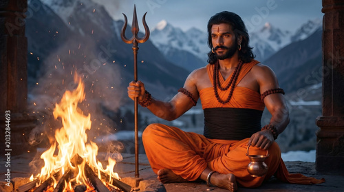Machindranath resting beside sacred campfire overlooking snowy Himalayan peaks from stone temple pavilion illustrative wallpaper