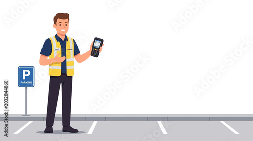 Foto A parking enforcement officer standing in a parking lot holding a handheld device