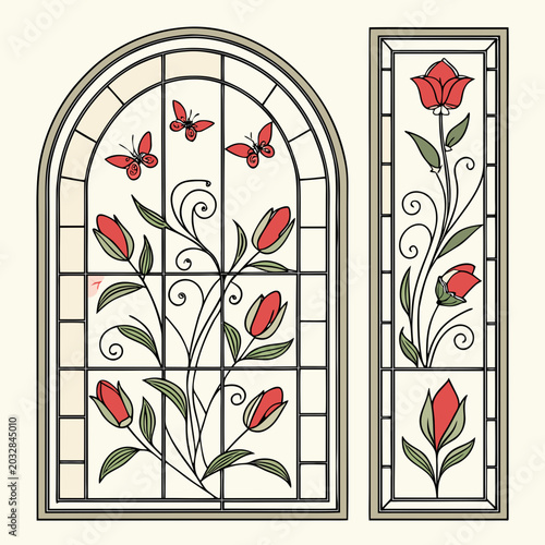 фотографія Set of stained-glass cathedral windows with floral ornaments