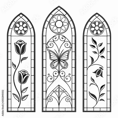 Fotografija Set of stained-glass cathedral windows with floral ornaments