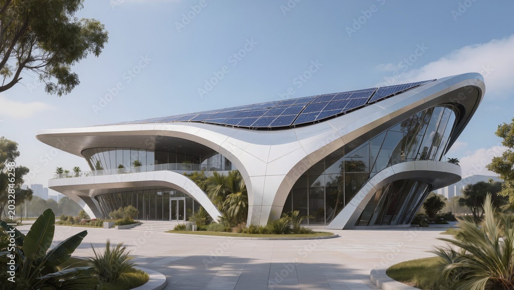 Fototapeta premium Futuristic Sustainable Office Building with Solar Panels