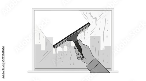 A hand holding a squeegee cleaning a window pane.