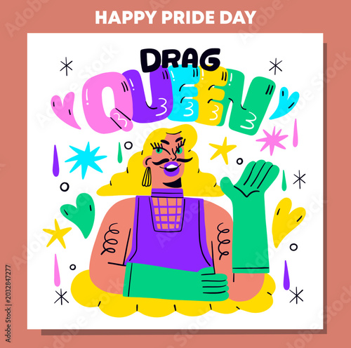 Drag queen pride celebration illustration with colorful rainbow style