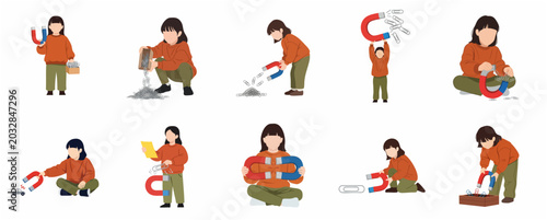 Fotografie Set of flat vector illustrations of a little girl learning about physics and mag