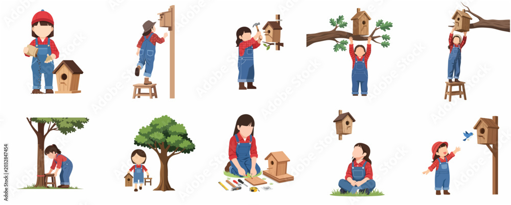 Fototapeta premium Set of vector illustrations featuring a young girl building, installing, and caring for wooden birdhouses, showing various steps of a DIY woodworking hobby for kids.