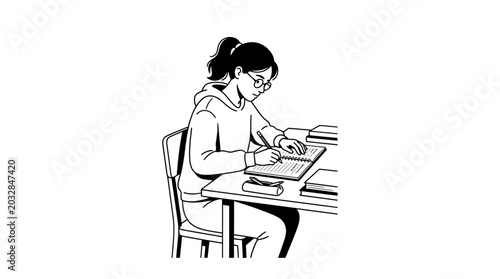 Quadro su tela A young student girl sitting at a desk studying and writing in a notebook