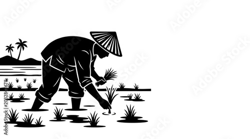 Foto A black and white illustration of a farmer planting rice seedlings in a flooded field