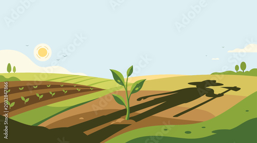 Fotografía A small green sprout growing in a field with a farmer shadow cast upon the soil