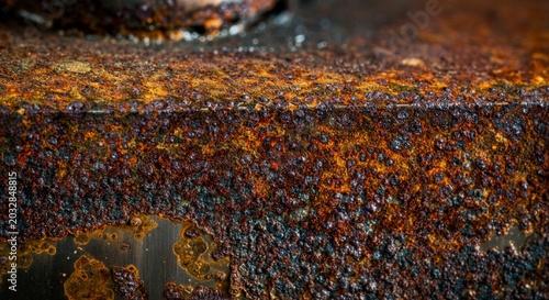 Macro detail severe pitting corrosion thick stainless steel chemical storage tank.