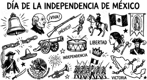 Foto Mexican Independence Day Black  White Line Art Doodle