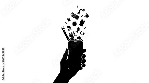 Photos A silhouette of a hand holding a smartphone with floating electronic components
