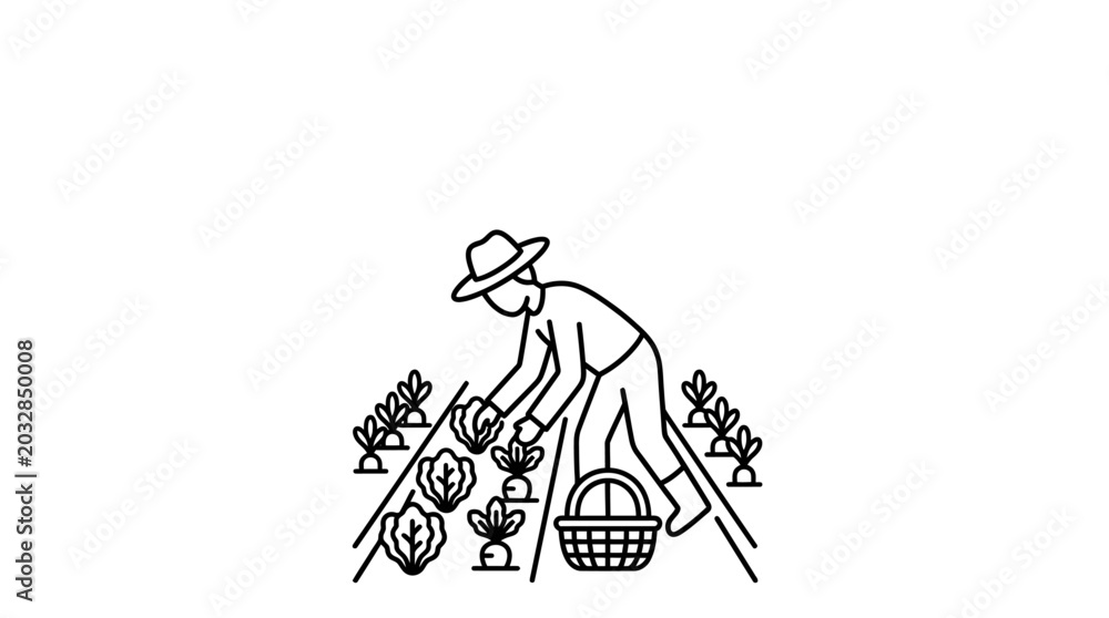 Obraz premium A simple line art illustration of a farmer harvesting vegetables in a field.