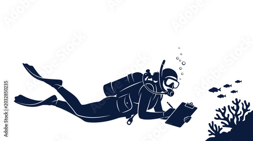 Schilderij op canvas A silhouette of a scuba diver writing on a clipboard underwater.