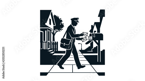 Cuadro en lienzo A silhouette illustration of a postal worker delivering mail into a roadside mailbox