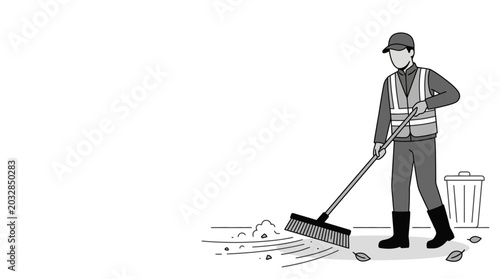 Fényképezés A street cleaner wearing a high visibility vest and cap sweeping leaves with a broom