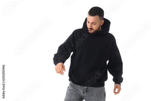 Young man in black hoodie o...