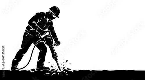 Obraz na plátně A black and white illustration of a construction worker operating a jackhammer