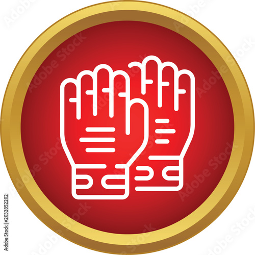 Outlined white work gloves centered inside a red circle with a golden frame