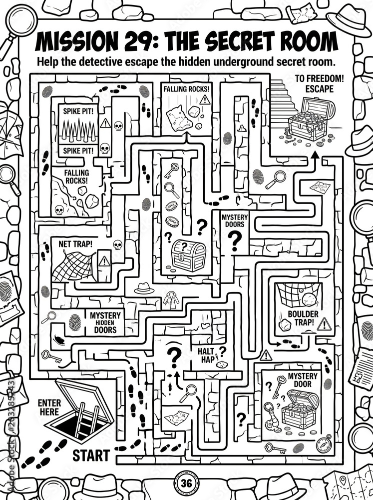 Obraz premium Intricate black-and-white maze puzzle game map titled Mission 29: The Secret Room with hidden traps and escape challenges, detailed line art design