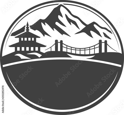 Fotografie Nepal Mountain Badge Vector with Temple and Suspension Bridge