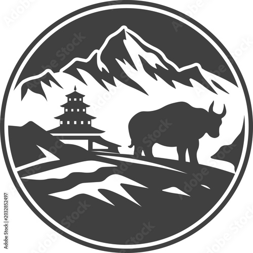 Obraz na płótnie Nepal Wildlife Badge Vector with Yak and Himalayan Landscape