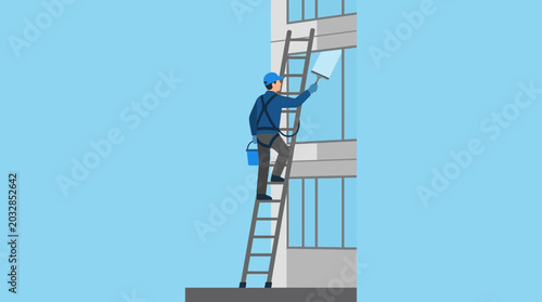 Photos A professional window cleaner working on a tall ladder against a building