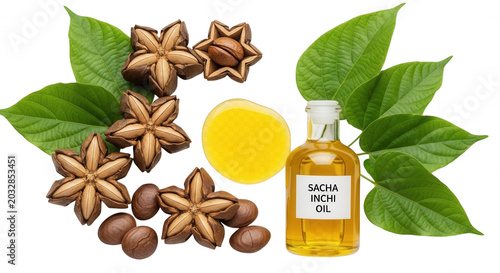 Sacha inchi oil in a glass bottle with star-shaped seed pods, brown nuts, and fresh green leaves isolated on a black background