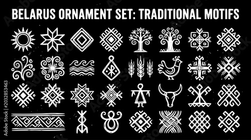 Konstfotografi Traditional Belarusian Ornament Set: Hand-drawn Ethnic Folk Art Motifs  Cultural Symbols
