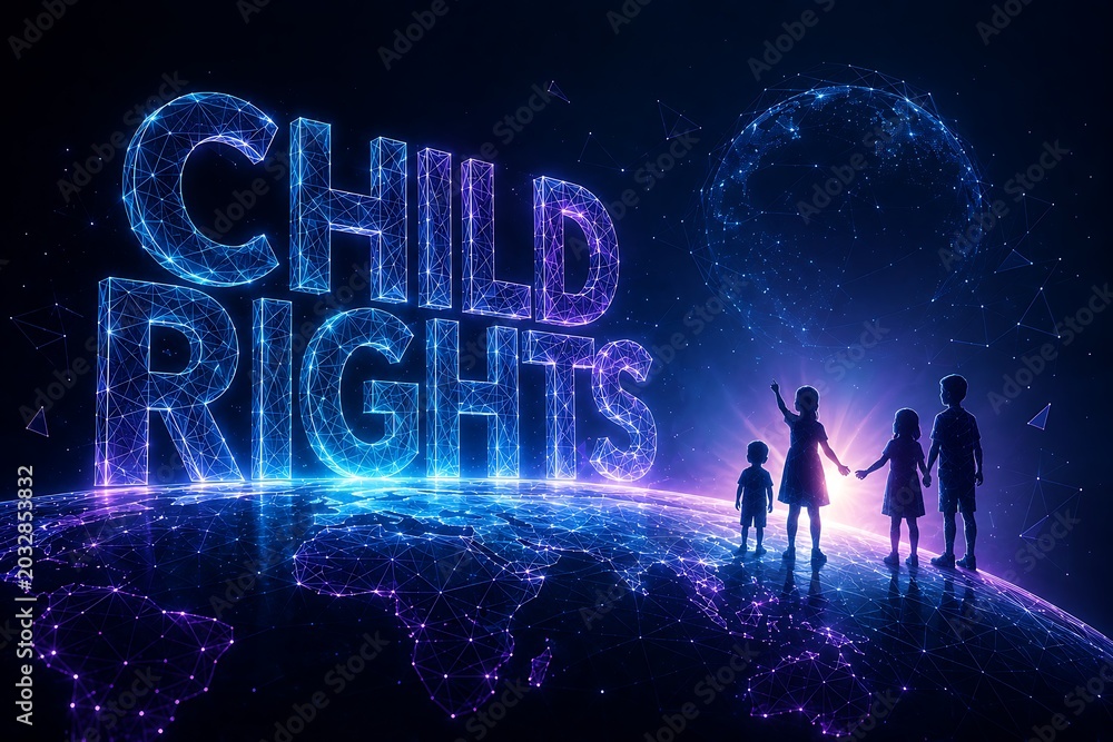 Fototapeta premium Children standing on a glowing planet with child low poly world day against child labour 2026