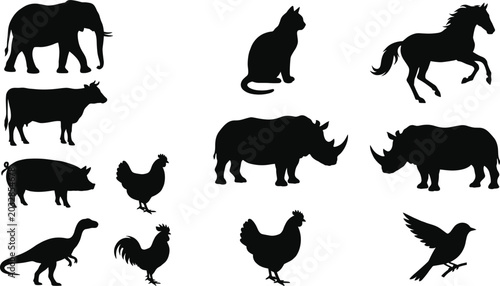 Foto Animal Silhouette Collection with Elephant Rhinoceros Horse Cat Farm Animals and