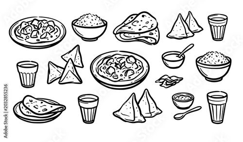 Εκτύπωση καμβά Trendy Indian food outline sketch vector bundle with hand drawn traditional cuis