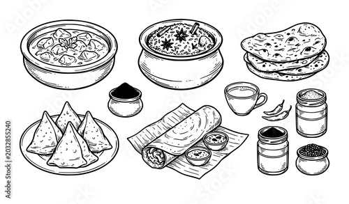 Obraz na płótnie Indian food hand drawn outline sketch vector set with traditional cuisine illust