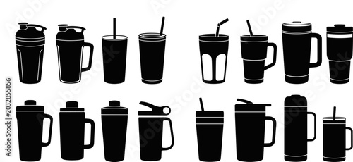 Bild auf Leinwand Assortment of Black Drink Container Silhouettes on White Background collection b