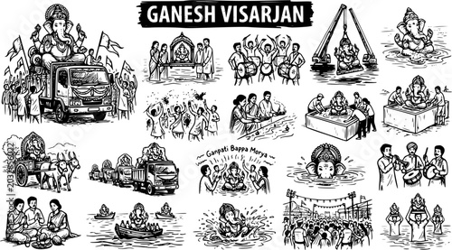 Foto Ganesh Visarjan Indian Hindu Festival Black and White Line Art Sketch Illustrati
