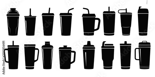 Fotografía Assortment of black silhouette reusable drink cups and tumblers on white backgro