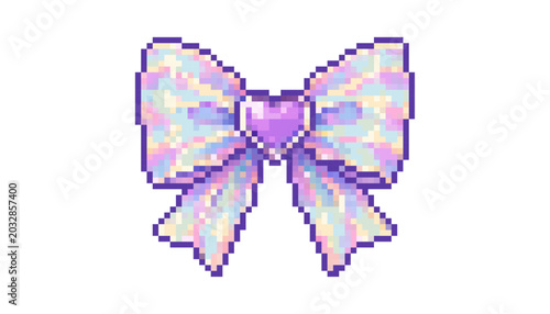 Cute iridescent pixel bow with heart ribbon detail in pastel y2k style