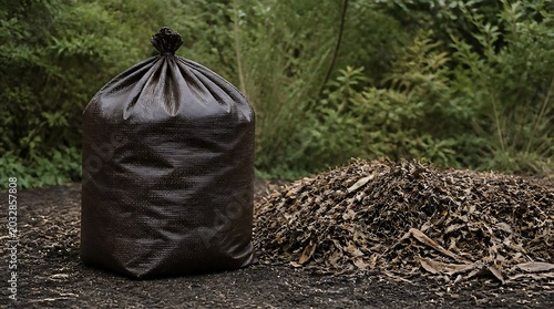 Black trash bag filled with yard waste next to a pile of leaves in a forest setting.